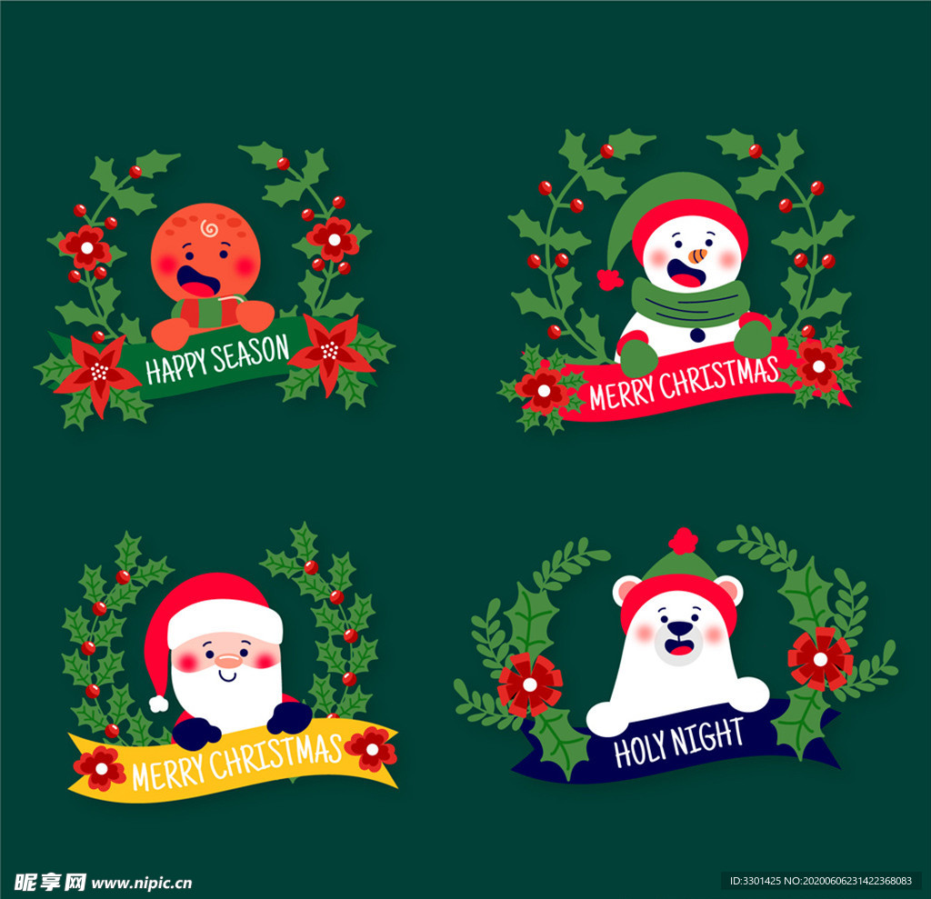 圣诞角色花卉标签