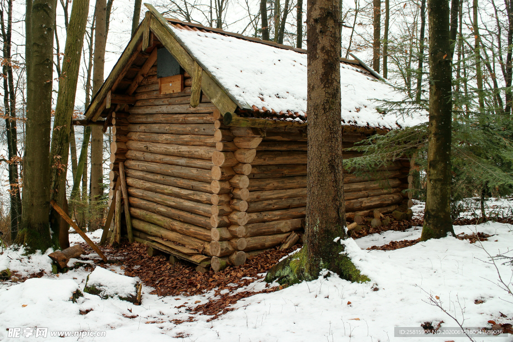 雪中木屋林间小屋图片