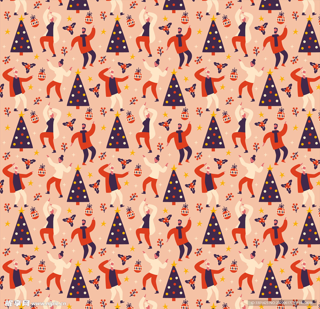 圣诞树和人物无缝背景