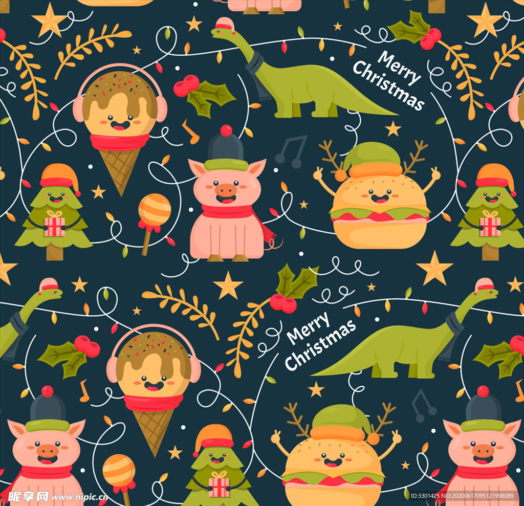 圣诞猪和快餐背景