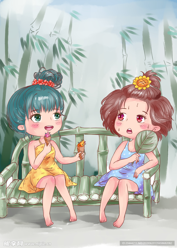 夏日纳凉童趣插画