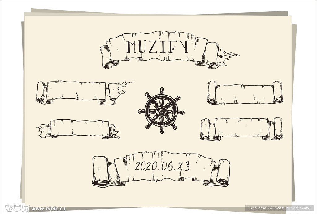 6款入复古飘带和船舵手绘稿