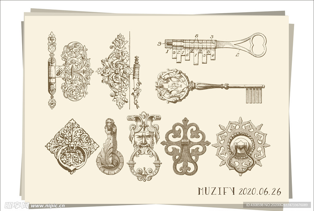 复古花纹门锁 钥匙