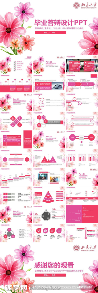 粉色花朵毕业答辩设计PPT