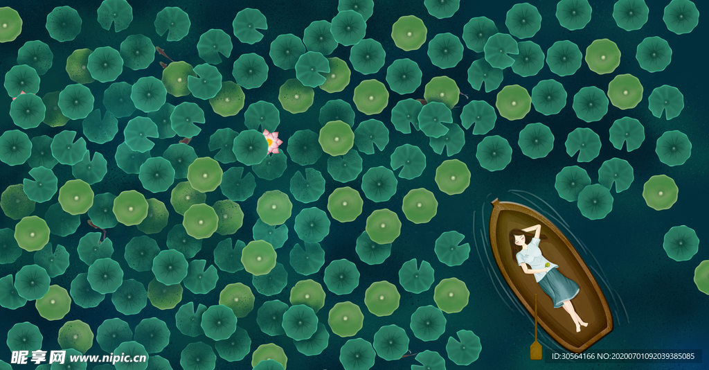 夏季荷叶清新插画卡通背景素材