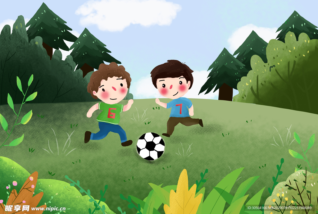 踢足球草坪清新卡通插画背景素材