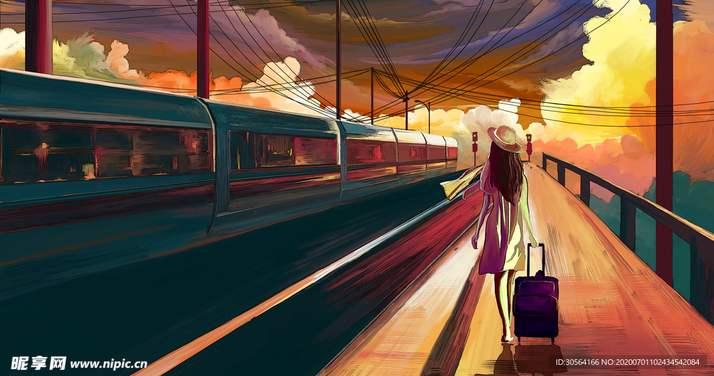 少女火车清新卡通插画背景素材