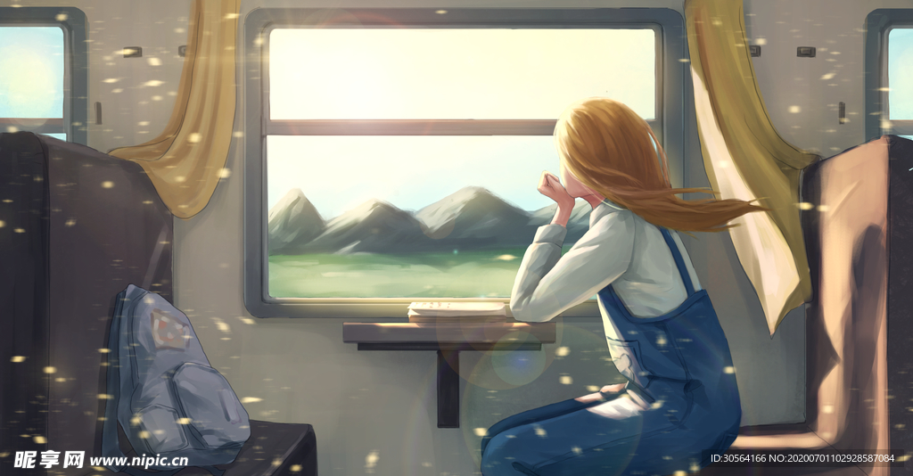少女火车清新卡通插画背景素材