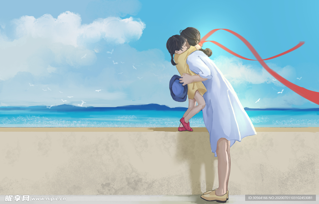 母亲女儿清新卡通插画背景素材