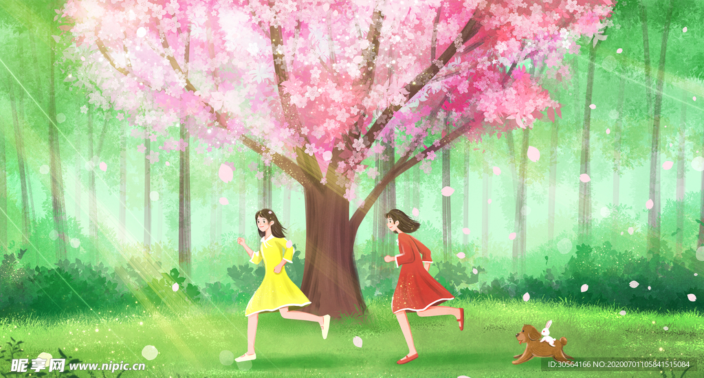 樱花清新奔跑插画背景素材