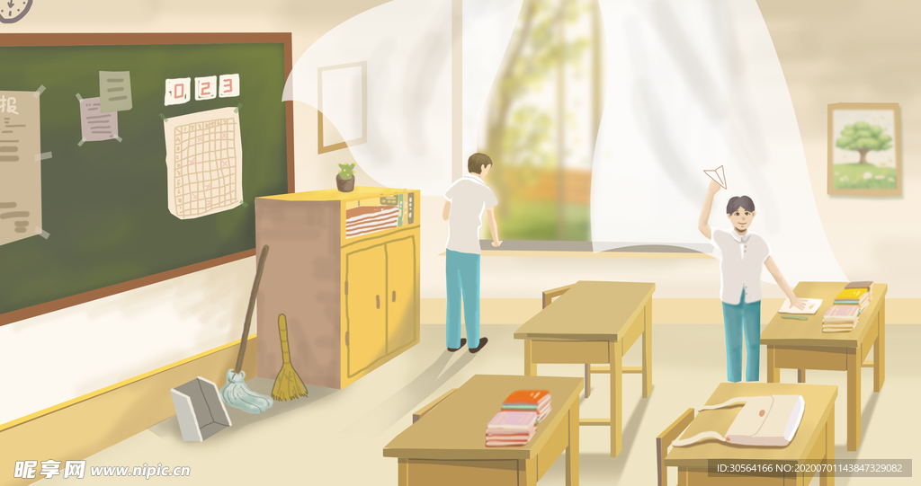 教师打扫清新插画卡通背景素材