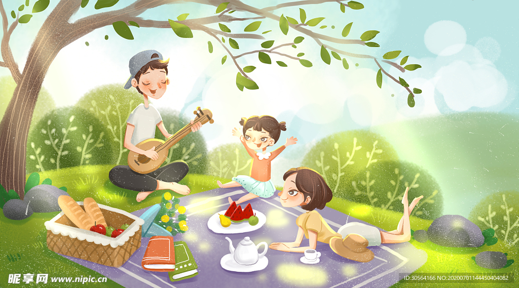 旅游聚餐草坪插画卡通背景素材