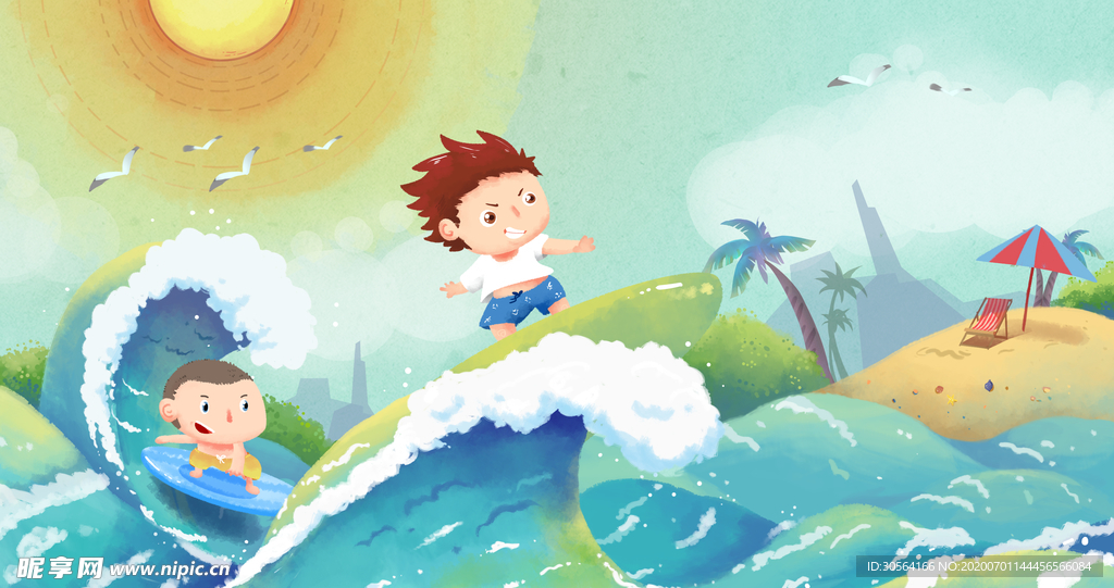 夏季冲浪儿童插画卡通背景素材