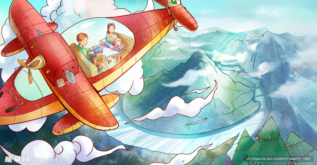 飞机天空清新插画卡通背景素材