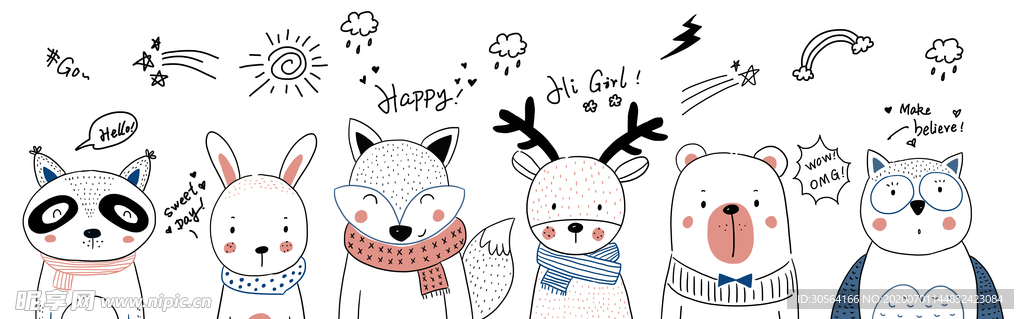 动物插画卡通墙贴可爱背景素材