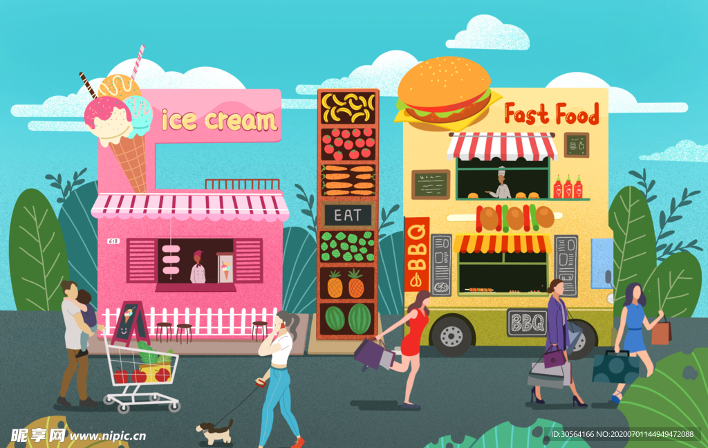 摆摊街头立体插画卡通背景素材