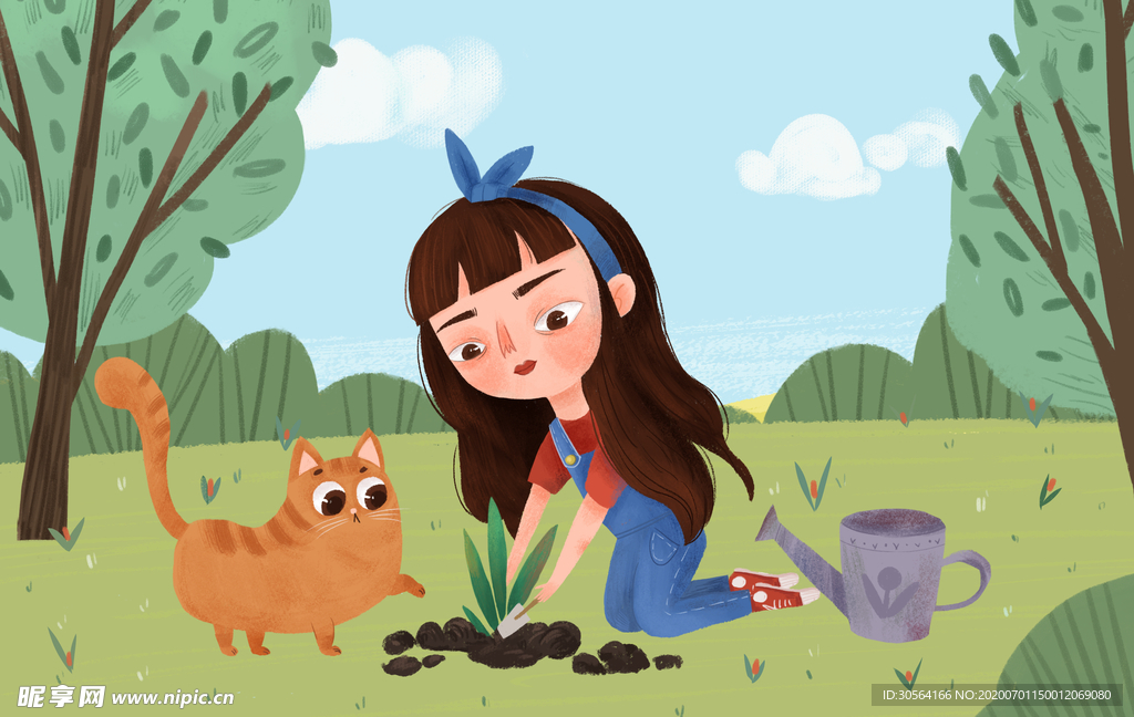 植树节郊外插画卡通背景素材