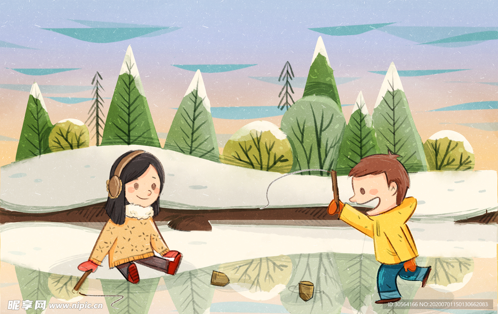 冰面冬季儿童插画卡通背景素材