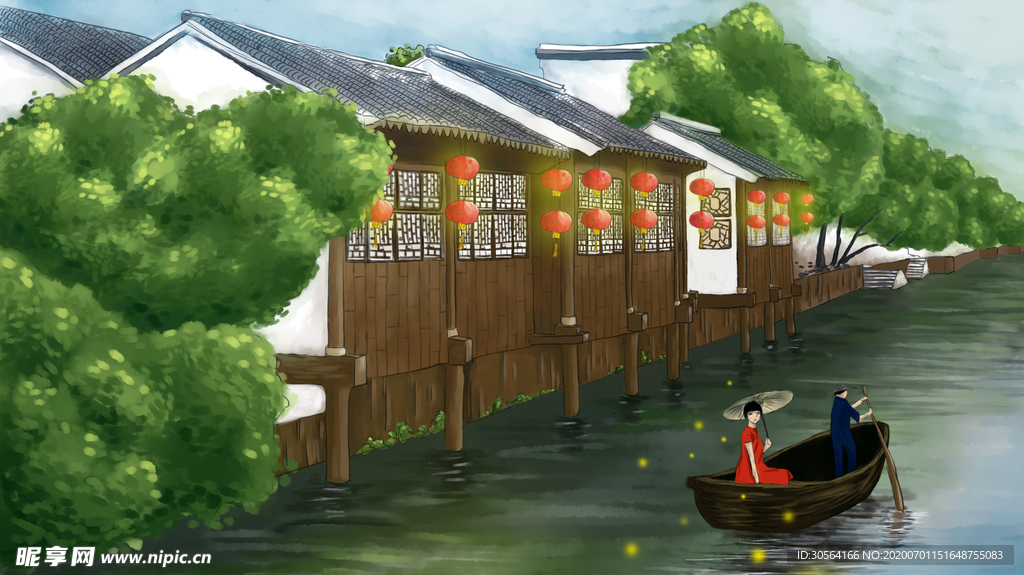 山水小镇传统插画卡通背景素材