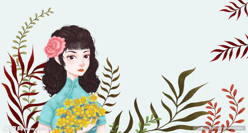 女性桂花传统插画卡通背景素材