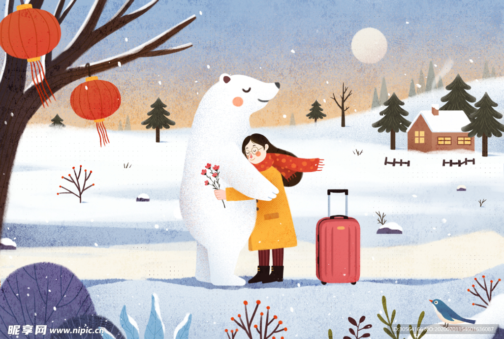 北极熊女性清新插画卡通背景素材