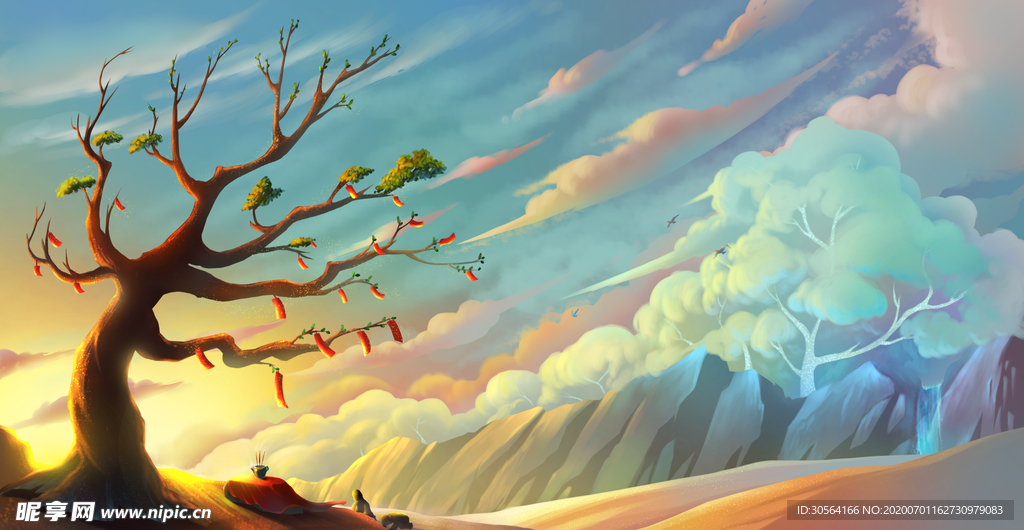 天空树木清新插画卡通背景素材