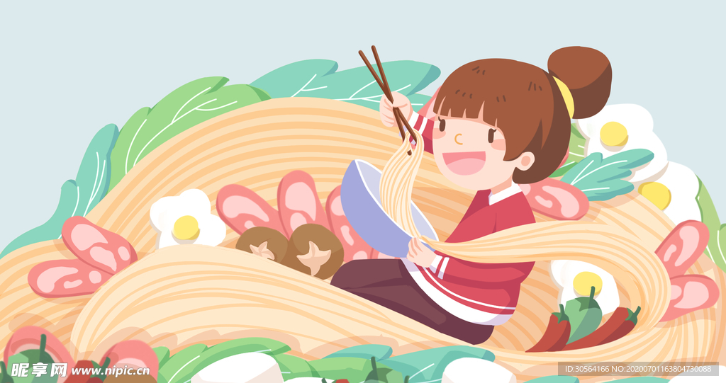 面条女性清新插画卡通背景素材