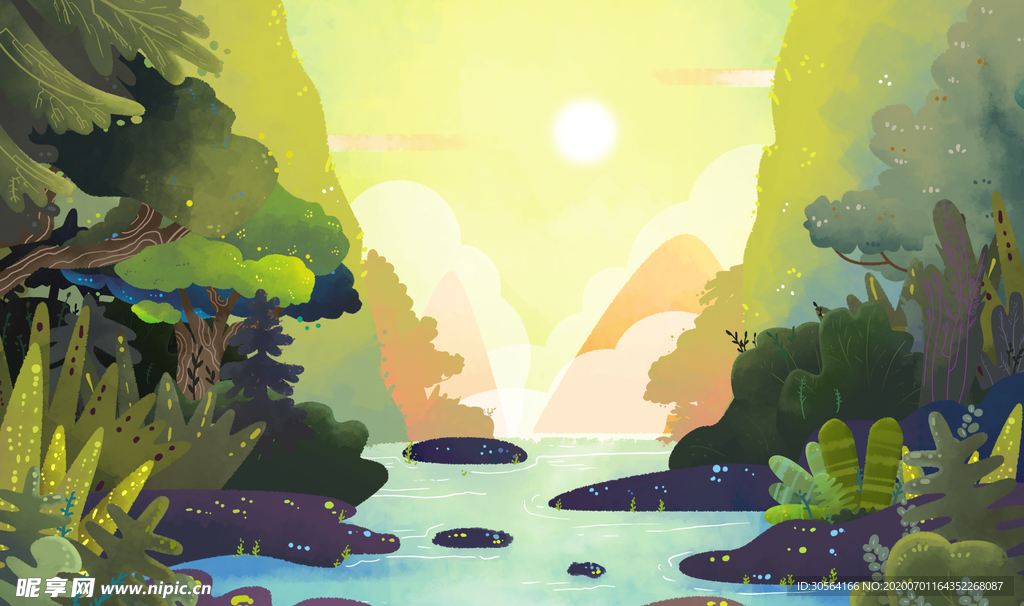 山水清新插画卡通背景素材