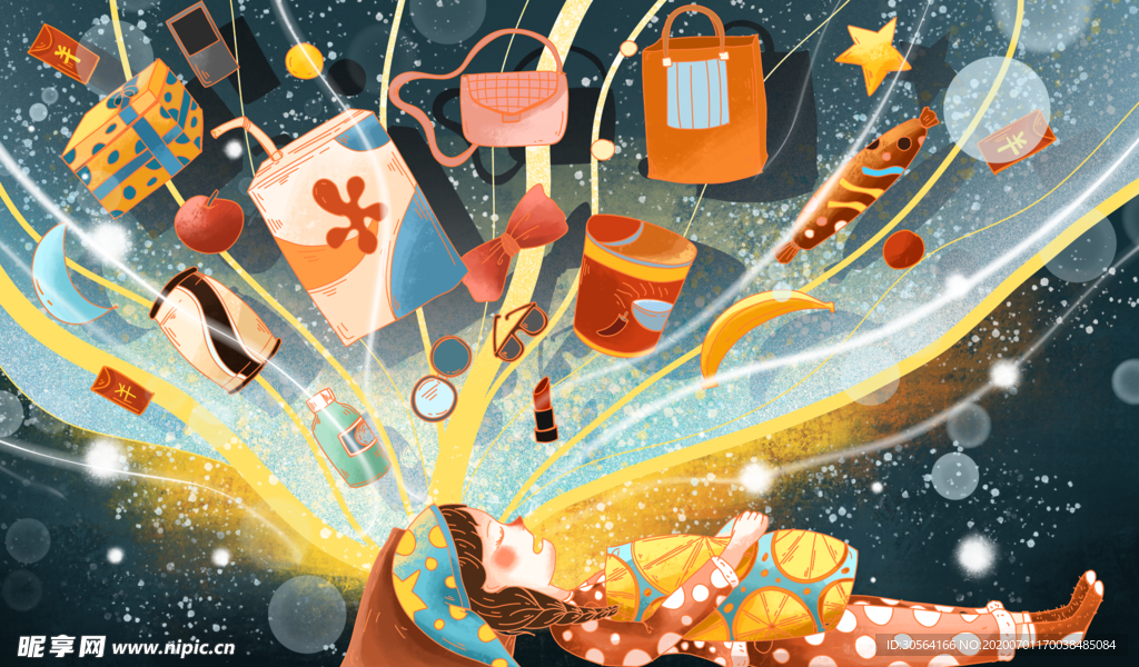 梦境睡眠清新插画卡通背景素材