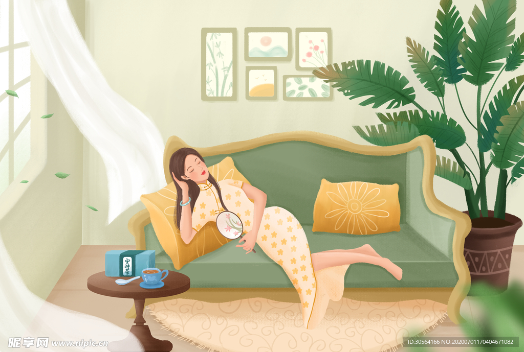 女性午后清新插画卡通背景素材