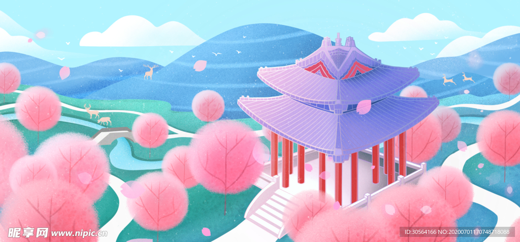 粉色凉亭清新插画卡通背景素材