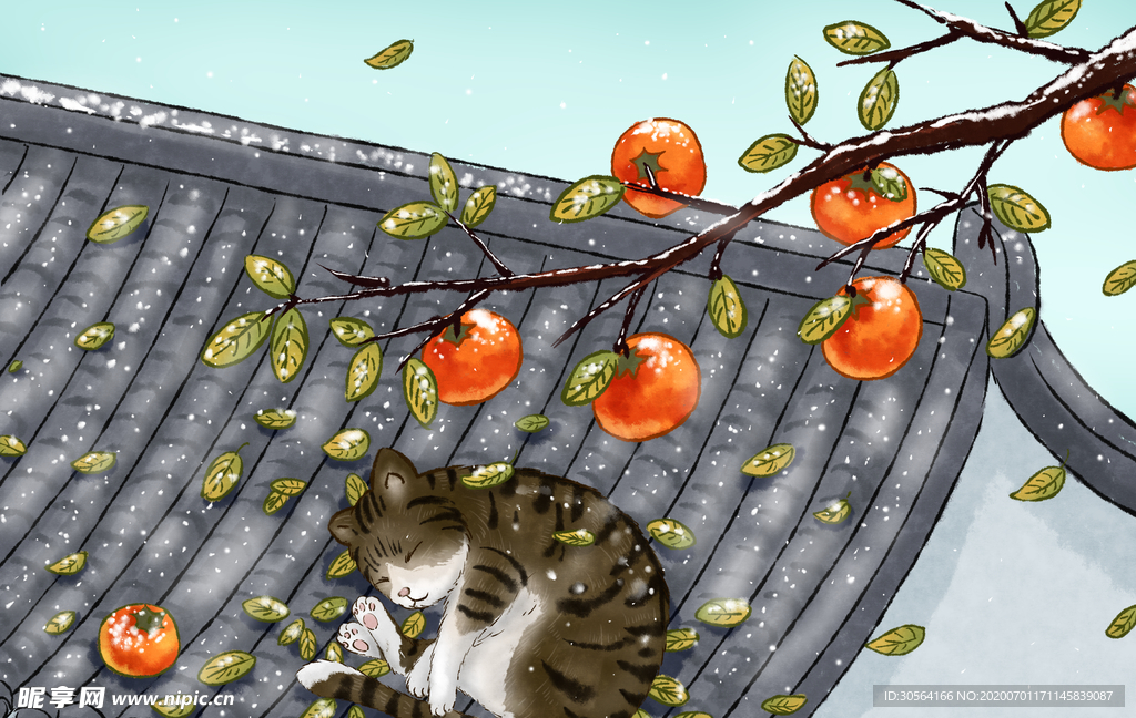 小猫午后屋顶插画卡通背景素材