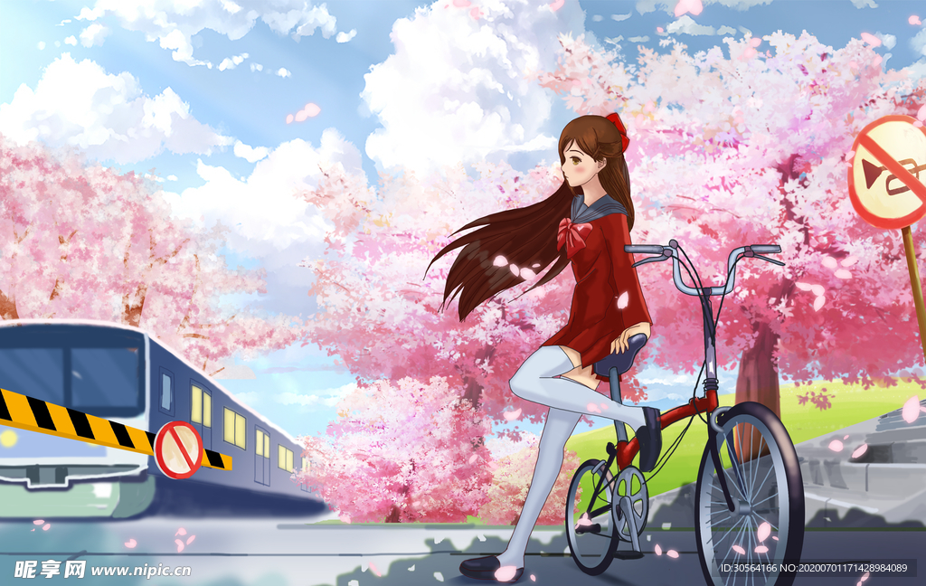 樱花人物国风插画卡通背景素材