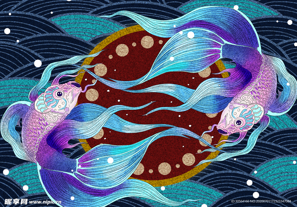 锦鲤浮世绘清新插画卡通背景素材