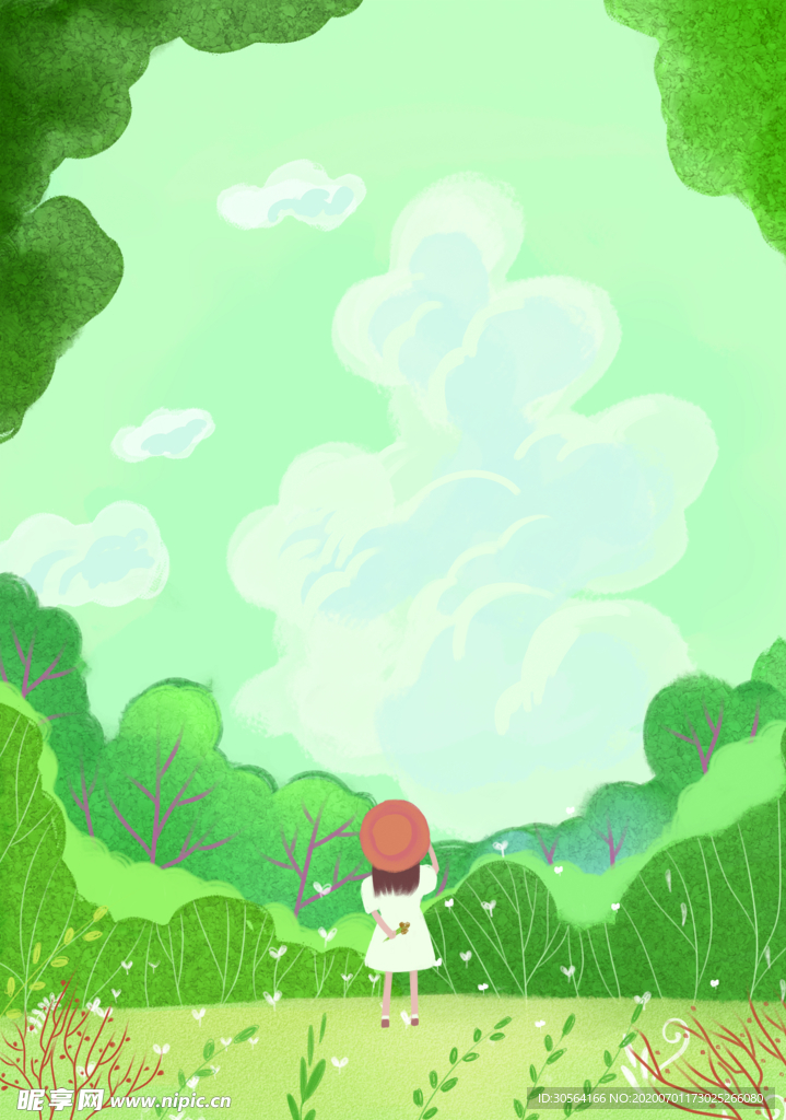 夏季绿色清新插画卡通背景素材