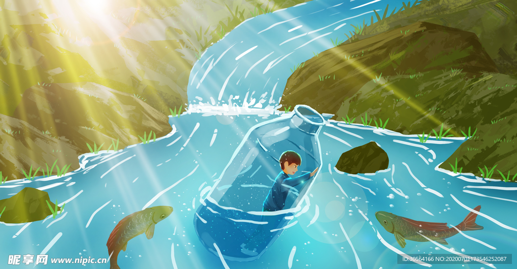 夏季河流清新插画卡通背景素材