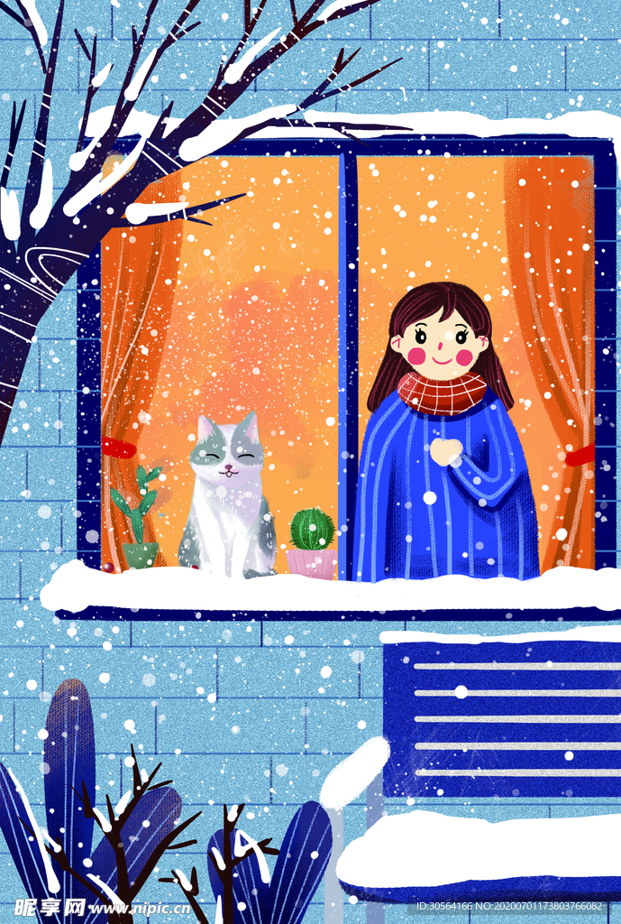冬季窗台寒冷插画卡通背景素材