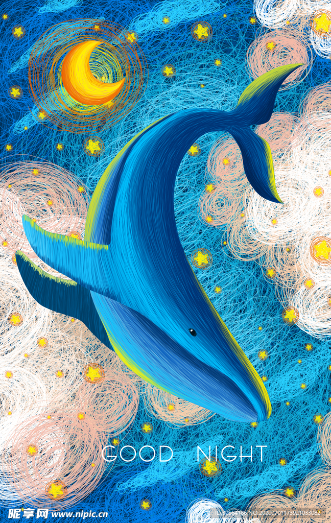 鲸鱼星空清新插画卡通背景素材
