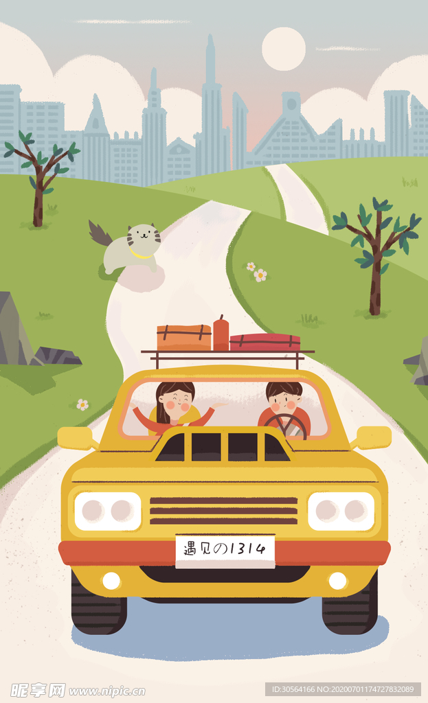 旅游开车清新插画卡通背景素材