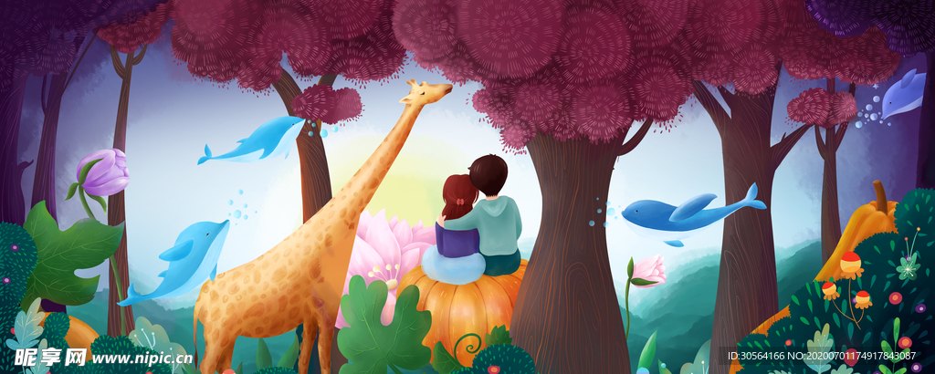 森林长颈鹿梦幻人物插画卡通背景