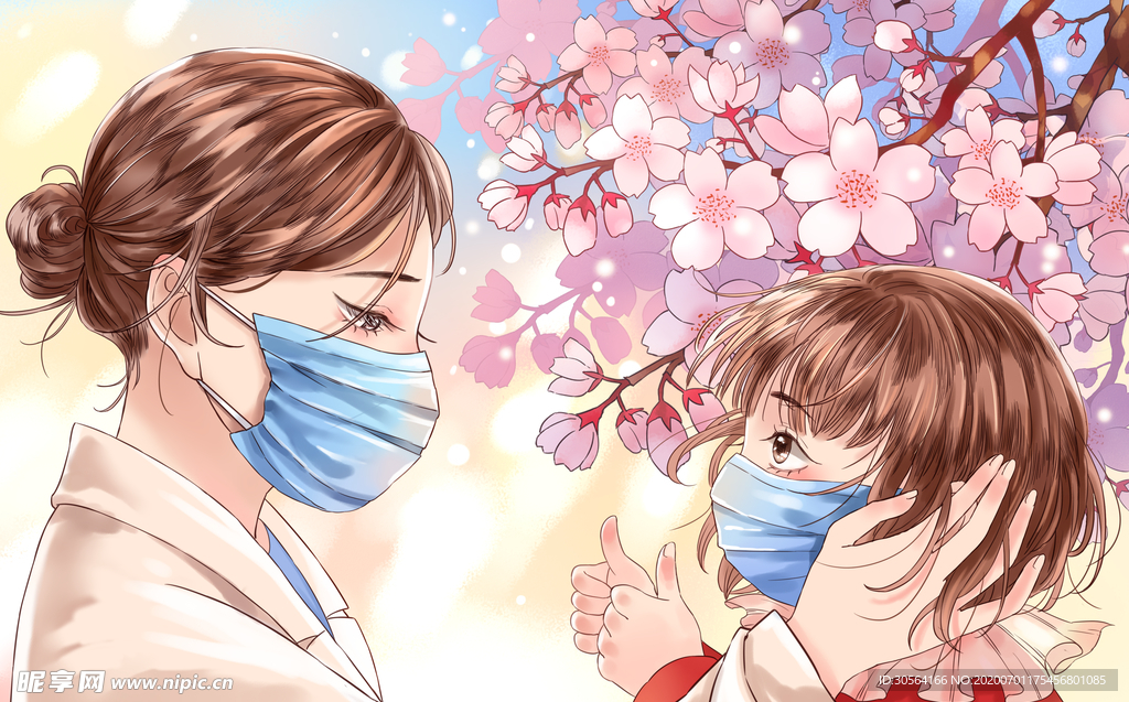 戴口罩桃花母亲女儿清新插画背景