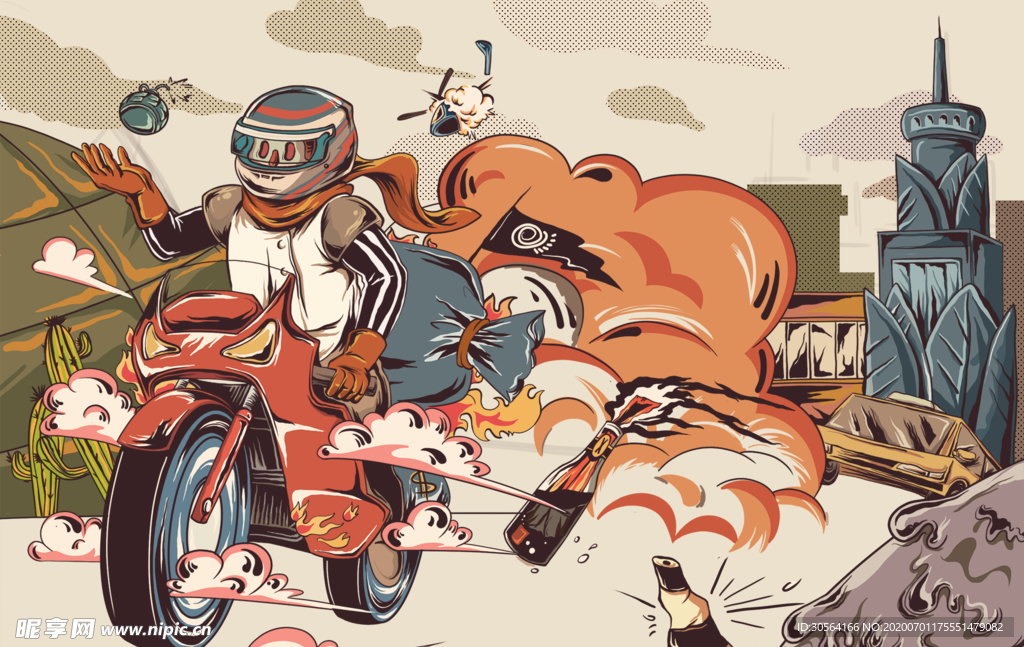 逃亡爆炸插画卡通人物摩托车背景