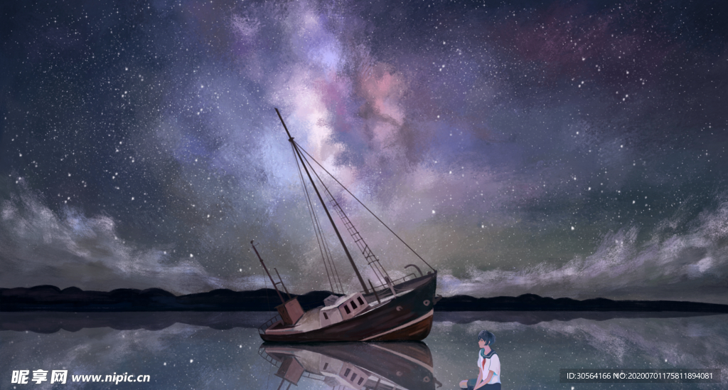 帆船大海孤独男孩清新插画背景