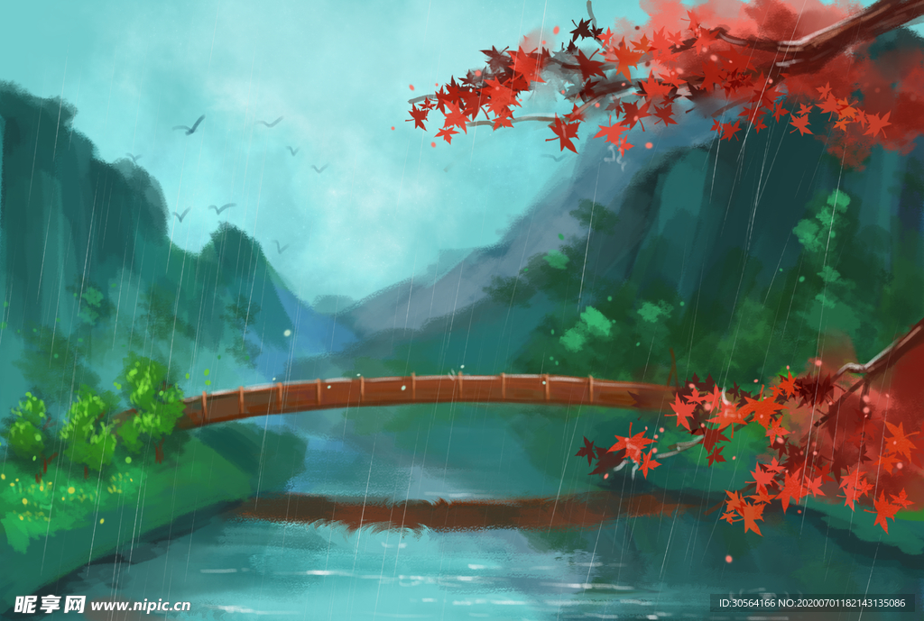 小桥流水国风古风清新插画背景