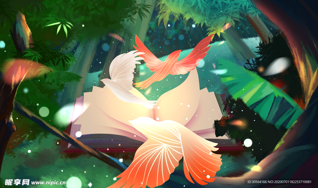 魔法森林树木喜鹊插画卡通素材