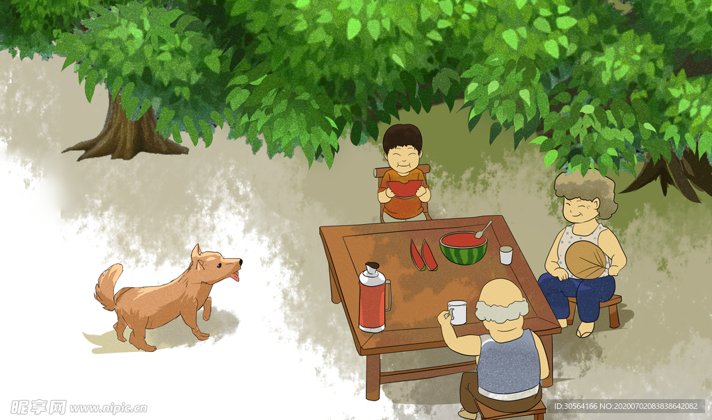 夏季聚会吃西瓜插画卡通背景