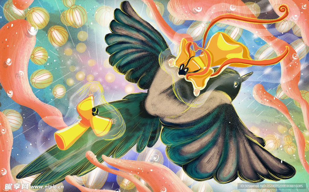 七夕情人节插画卡通清新背景素材