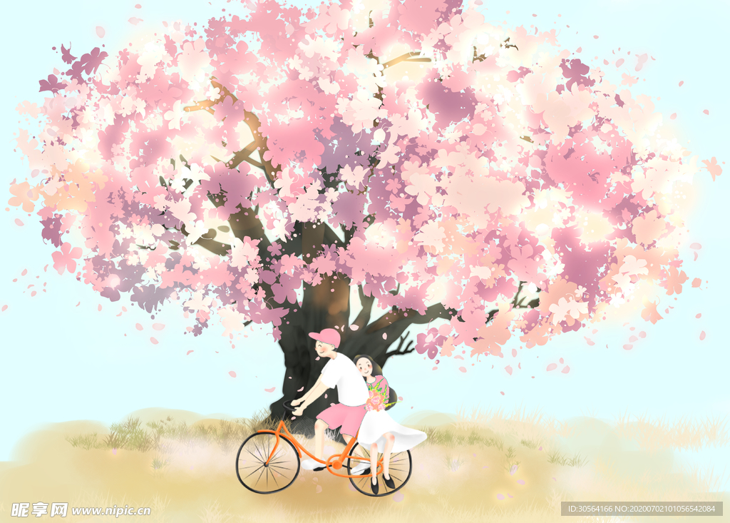 桃花林情侣插画卡通清新背景素材