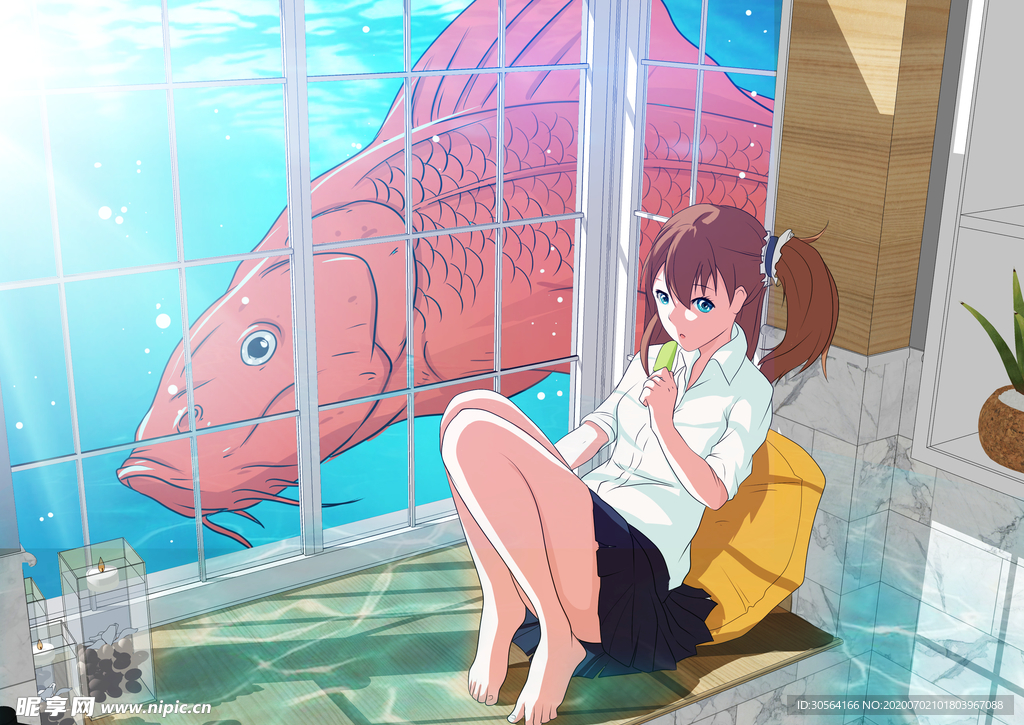 少女锦鲤传统插画卡通背景素材