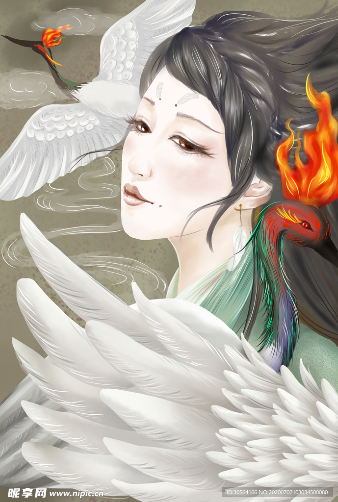 少女仙鹤插画卡通背景素材